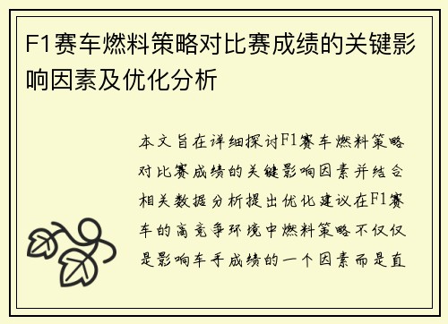 F1赛车燃料策略对比赛成绩的关键影响因素及优化分析