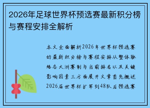 2026年足球世界杯预选赛最新积分榜与赛程安排全解析
