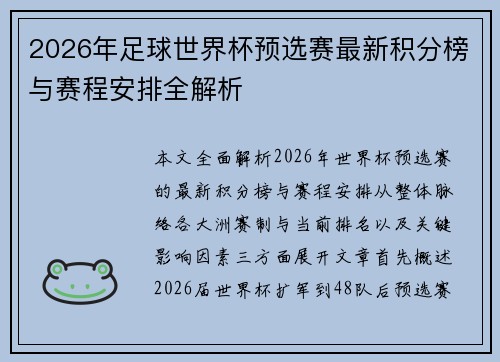 2026年足球世界杯预选赛最新积分榜与赛程安排全解析