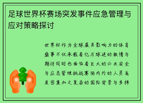 足球世界杯赛场突发事件应急管理与应对策略探讨 足球世界杯赛场突发事件应急管理与应对策略探讨